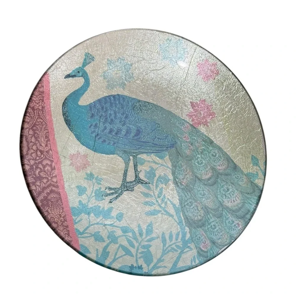 Pier 1 Peacock‎ Appetizer Plates Set 4 Glass Foil Boho Dessert 6 Inch